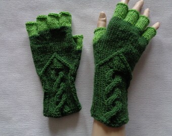 Hand-knitted green and light green color women fingerless gloves