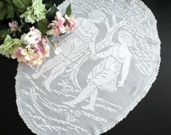 Filet Crochet Doily or Extra Large Oval Shaped Panel, 33 x 24, Figural Doily, Handmade Doily, Wall Hanging, Vintage Linens