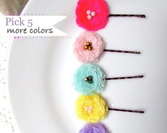 Baby Toddler Hair clips for Girls Mini Shabby Chic Lace Tiny Fabric Flowers 1", Hairpin, Pink Yellow Mint Lilac Purple, Pearls, Dainty Small