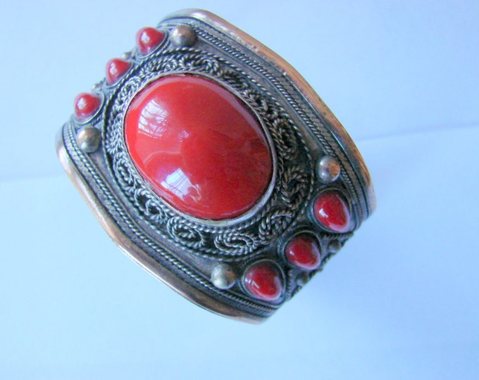 Wide Vintage Tribal Kuchi Boho Ornate Wire Cuff Bracelet Red Cabochon Stones Mid Eastern Jewelry Jewellery