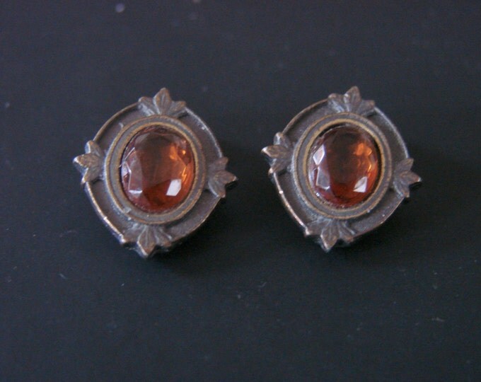 Vintage Faceted Topaz Glass Clip Earrings Bronze Patina Jewelry Jewellery