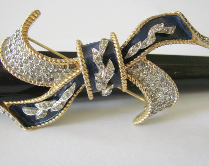 Large Retro Rhinestone Navy Blue Enamel Ribbon Bow Brooch 1930s-1940s Vintage Jewelry Jewellery
