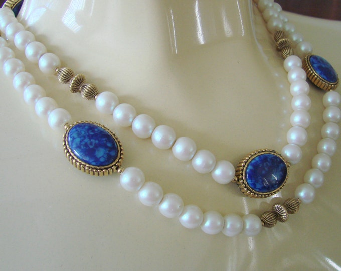 Long Vintage Designer Signed 1928 Simulated Pearl Blue Lucite Necklace Jewelry Jewellery