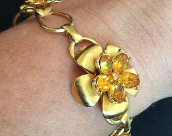 Citrine Glass Flower Bracelet, Coro 1940s Vintage Jewelry SPRING SALE