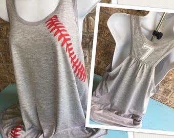 Baseball mom tank, baseball or Softball Laces Flowy Tank- Number on back, Baseball Mom Tee, shirt with red laces, Baseball girlfriend