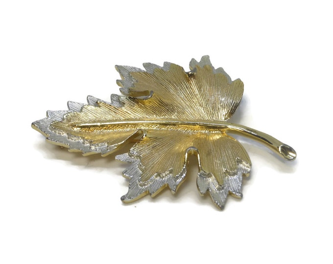 Sarah Coventry leaf brooch, two tone leaf, gold silver textured, leaf with stem, large brooch