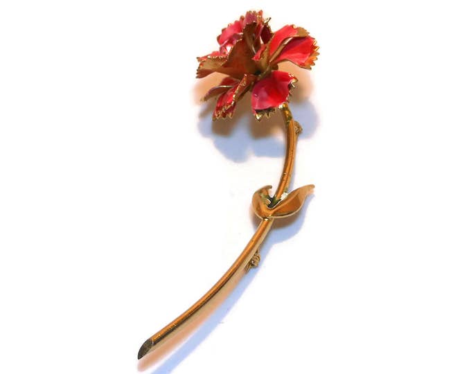 FREE SHIPPING Pink rose brooch, enamel redish pink rose, gold tone stem, rose pin 1960's, rhinestone center, gold tipped petals