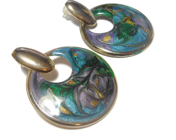 FREE SHIPPING Swirled enamel earrings, light weight, semi hoop shape, color swirl finish, mod pierced earrings, marble effect, gold tone