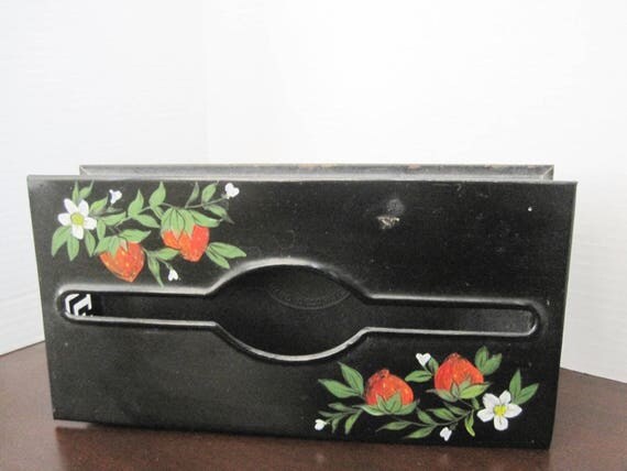 Strawberry Tissue Holder - Toleware Painted - Plymouth Signed - Black Enamel - Home Decor