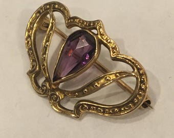 Antique Victorian 10k Gold Amethyst Crown Style Brooch Pin