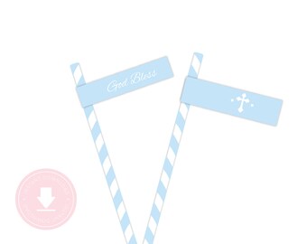 INSTANT DOWNLOAD First Communion Straw Flags (Baptism Straw Flags, God Bless Straw Flags, Printable Straw Flags, Boys Religious, Light Blue)