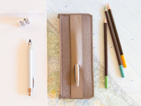 Felt and leather PENCIL CASE / sunglasses case / pen holder / taupe case / wool felt / handmade / made in Italy
