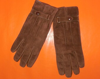 Unworn Vintage Men's Leather Gloves 1960s 70s Soft Brown Leather and Suede Men's Gloves Snap Detail at Wrist Boho EXC M