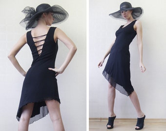 Vintage black mesh extravagant strappy deep V cut back asymmetric hem midi dress XS S