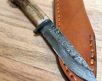 Vintage Custom Made Damascus Knife with Leather Sheath and Antler Handle
