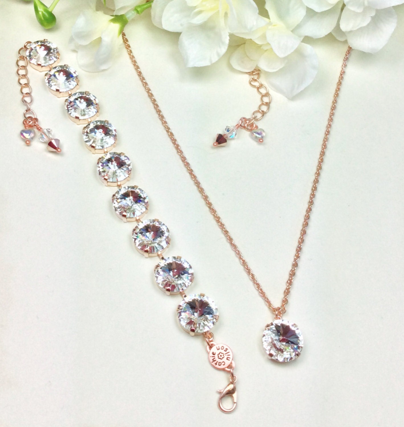 Swarovski Crystal Necklace and Bracelet - 14MM Radiant Crystals Set in Rose Gold- Pure Class- Sparkle & Shimmer - FREE SHIPPING