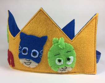 Personalized PJ Masks Felt Birthday Crown - Catboy - Gecko - Owlette - Smash Cake