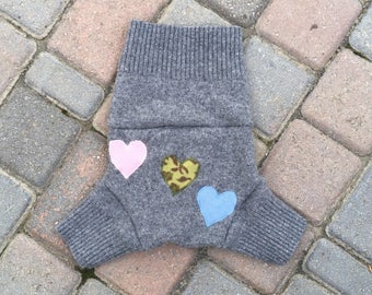 Cloth Diaper Cover, Wool Soaker, Shorties, Cloth Nappy Cover - Gray with Hearts Applique - Size Medium