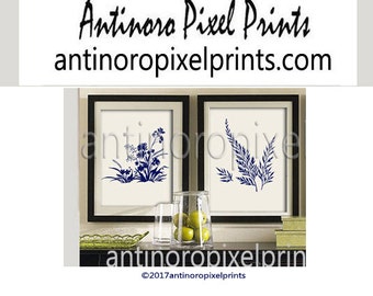 Flower Garden Botanical Print Gallery Set of (2) 12x12 - Art Prints (Featured in Creme Background and Navy) Blue Off White Khaki (Unframed)