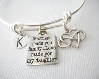 Marriage Made You Family, Love Made You My Daughter, Infinity Heart- Initial Bangle/ Daughter in law gift, future Daughter in law bracelet