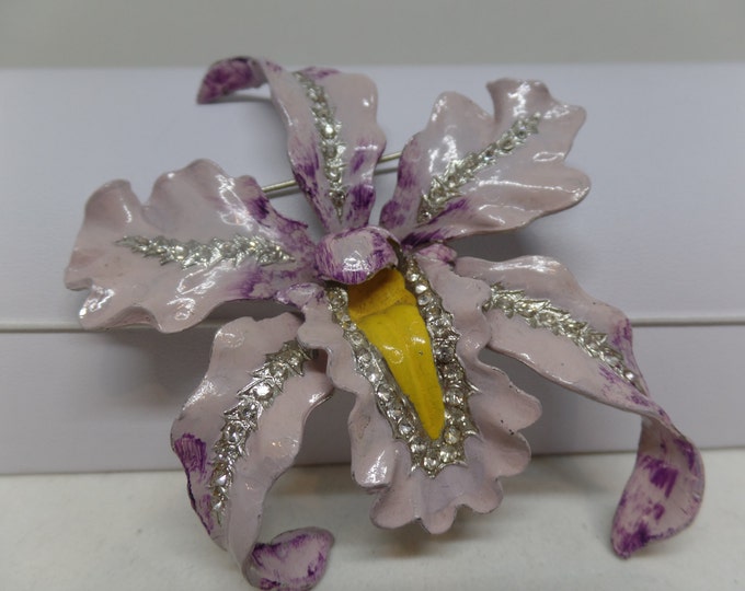Fabulous Vintage Enamel and Crystal Potmetal Orchid Brooch