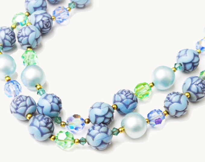 double strand Bead necklace - Dark Blue flower and light blue pearl - crystal Glass Bead - Mid Century