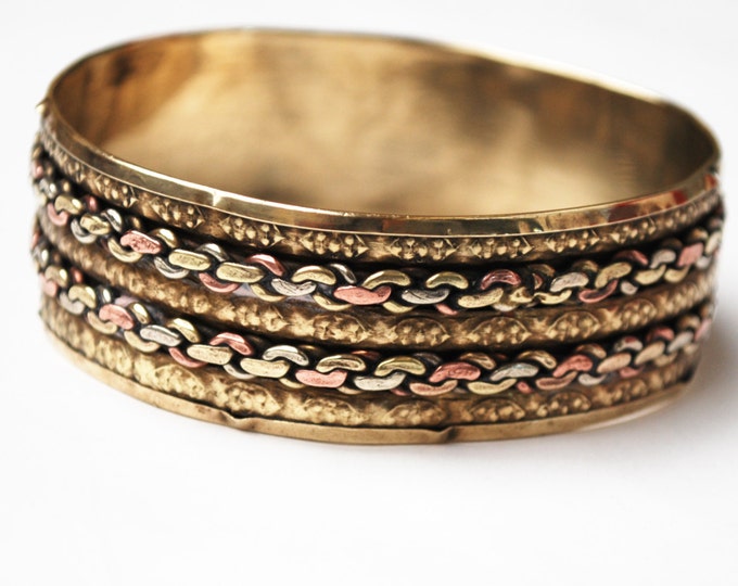 Brass Copper Boho Bangle - Woven chain - Mixed Metals - Wide Chunky Bracelet