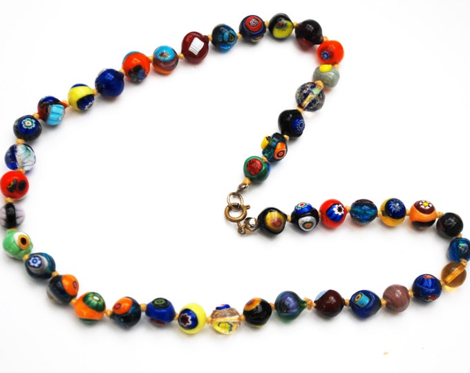 Italian bead necklace - Art glass work Italy beads - Venitian - Millefiori blue red black orange yellow - knotted beads