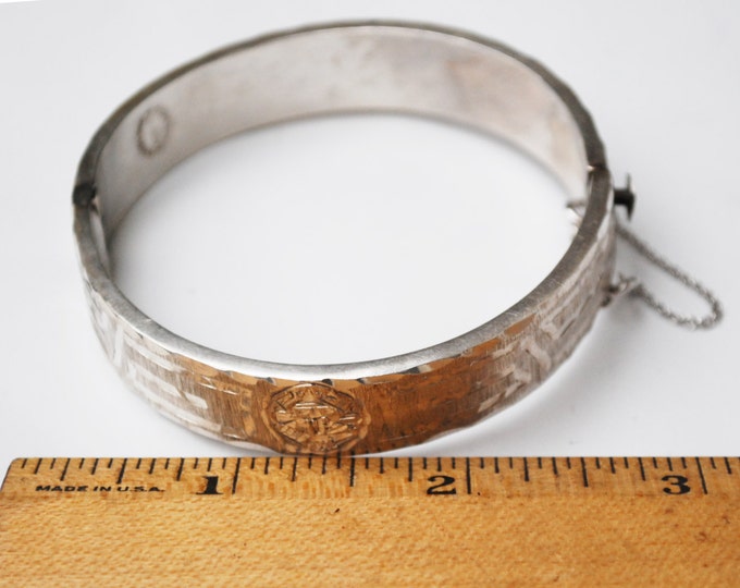 Sterling Bracelet - Mexico - Hinge Bangle - Silver etched Hammer design - safety chain- A 925 N