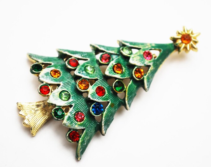 Christmas Tree Brooch- green enamel - red blue yellow rhinestones - Holiday Pin