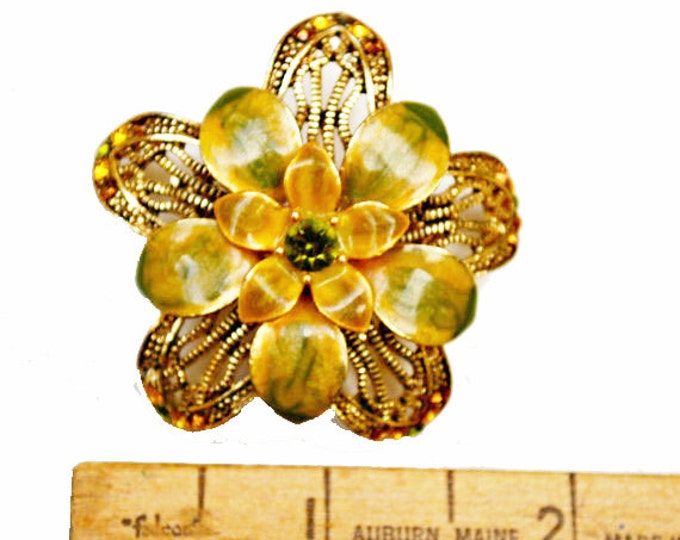 Enamel Flower Brooch - Olive Green - Gold filigree -Rhinestone - Floral pin
