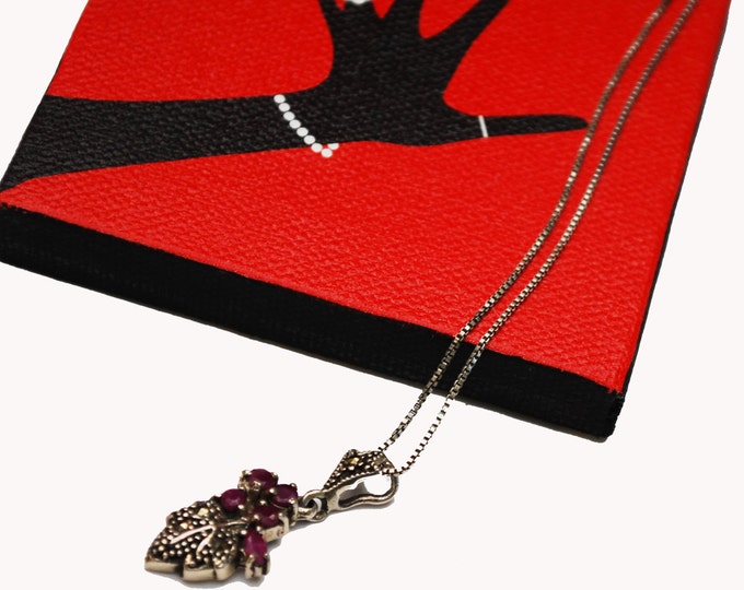 Sterling Ruby Marcasite leaf necklace - sterling silver italy Box chain