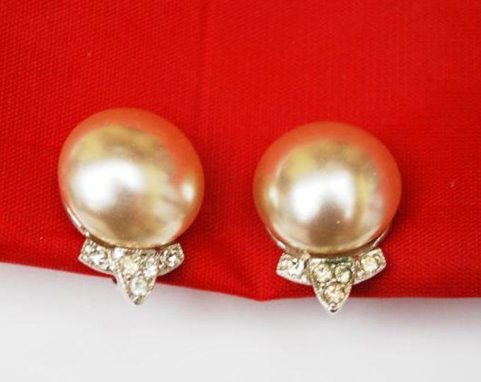 Cream White Pearl rhinestone Earrings - signed Marvella - screw back earring - Wedding bride