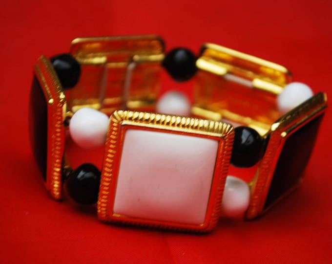 Liz Claiborne Stretch Bracelet - black and white - gold panel and beads - Bangle