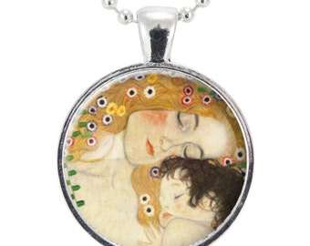 Mother and Child by Gustav Klimt Necklace, Art Pendant, Silver Plate (0453S25MMBC)