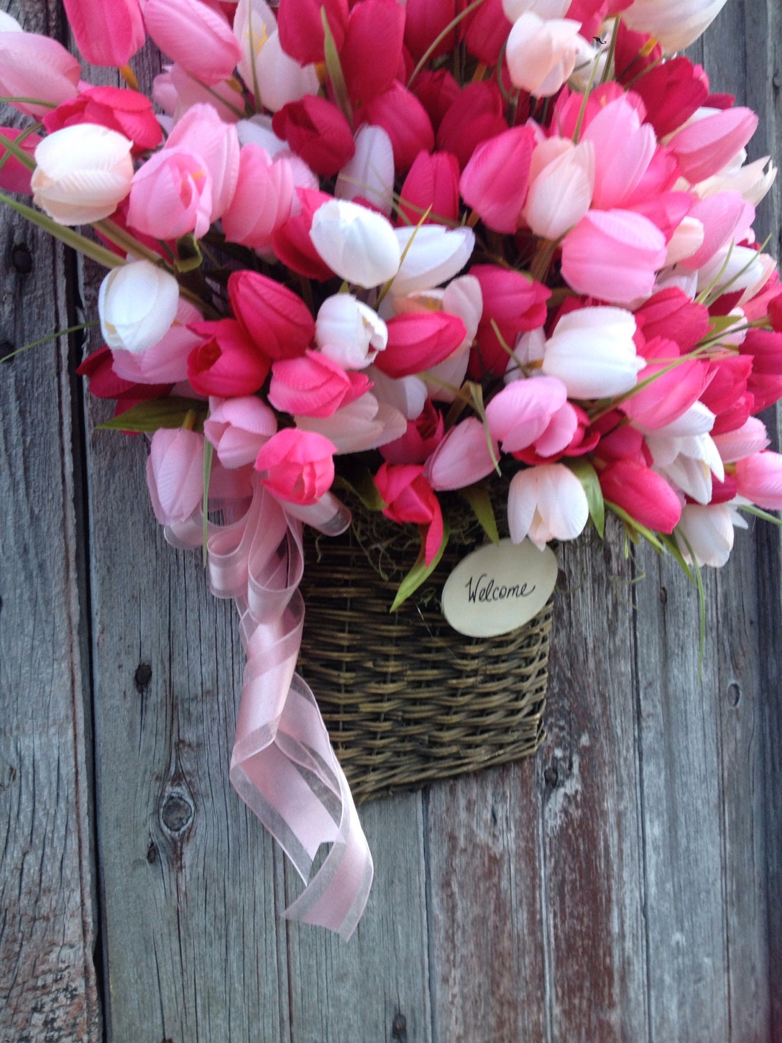 Pink Tulip Basket Spring Door Basket Summer Front Door