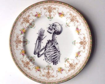Vintage Anatomical Skeleton Praying Hands Plate Altered Art gothic