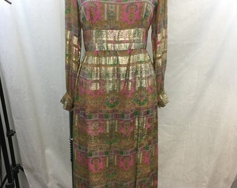 VINTAGE Pink, Green, Gold Metallic Shimmer Long Sleeve Empire Waist Maxi Dress Size Medium