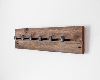 Rustic coat rack, wall hanger with 6 railroad spike hooks, 30" x 8" barnwood towel rack