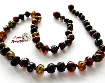 Pure Baltic Amber Teething Necklace - Polished Cherry and Green Amber Beads - Screw or Safety Clasp - Choose Your Length, K-10