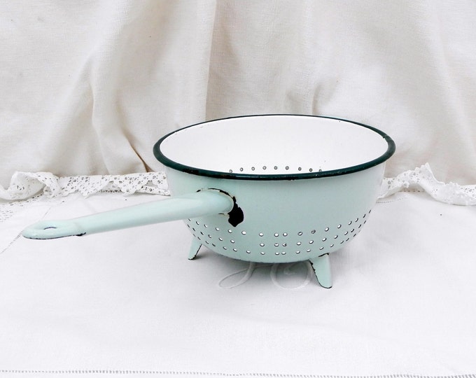 Antique French Pale Mint Green and White Chippy Enamelware Colander / Strainer, French Country Decor, Chateau, Chic, Shabby, Cottage, Enamel
