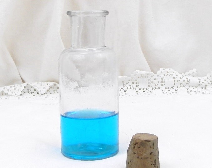 Small Antique French Clear Glass Apothecary Bottle with a Cork Stopper, Brocante Decor Vase from France ,Country Chemist Pharmacy,