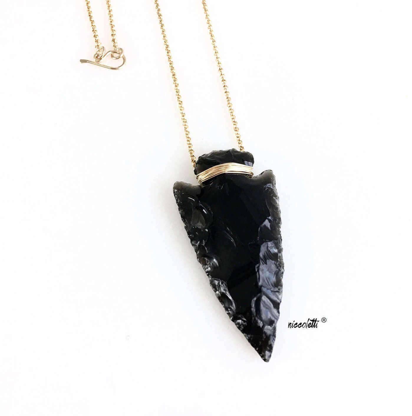 Obsidian Arrowhead Necklace / Black and Gold Arrowhead / Bohemian Jewelry / Black Arrowhead Necklace / Raw Stone Jewelry