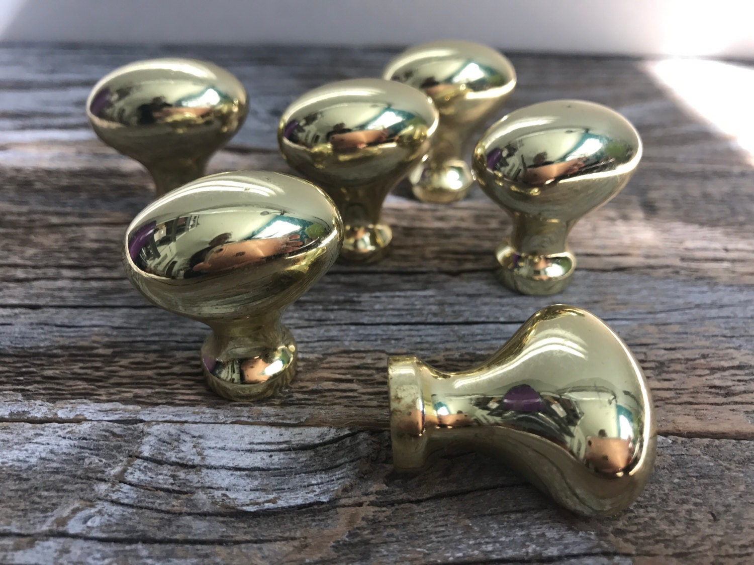 6 Polished Brass Oval Egg Shaped Drawer Door Knobs