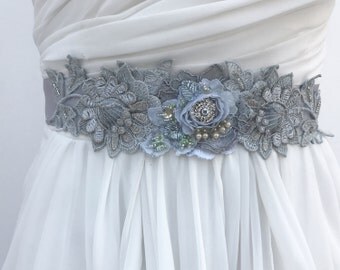 Beaded Lace Bridal Sash, Wedding Sash In Blue Grey With Crystals And Pearls, Wedding Dress Sash, Flower Sash, Bridal Belt