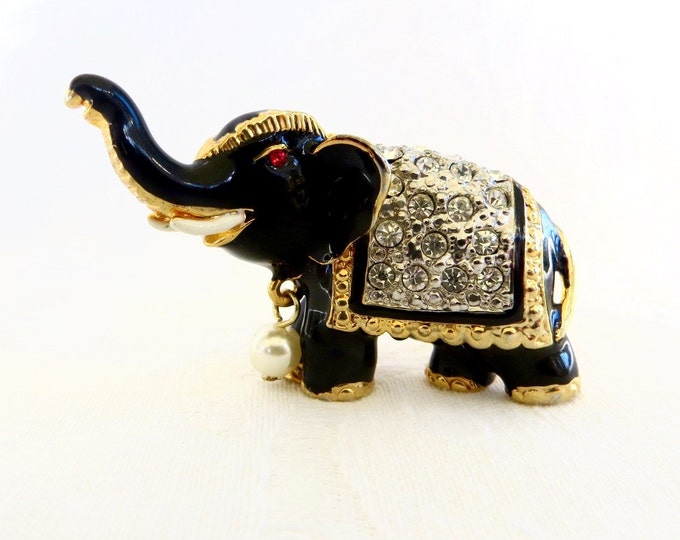 Vintage Elephant Brooch, Rhinestone and Enamel, Moghul Jewelry