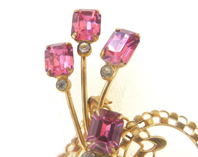 Vintage Rhinestone Brooch Pendant, Emerald Cut Pink Stones, Lacy Filigree, Delicate Pin