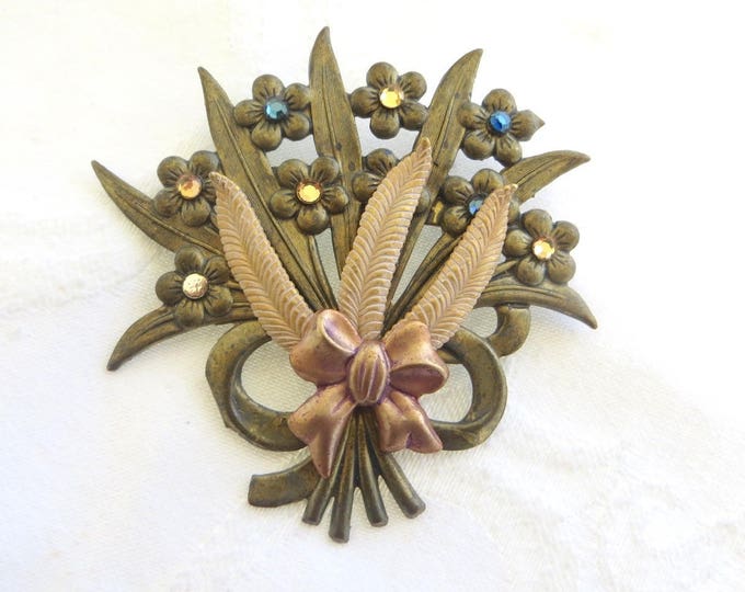 Vintage Flower Brooch, Floral Bouquet Pin, Rhinestone Forget-Me-Not Flowers, Rose Gold Bow