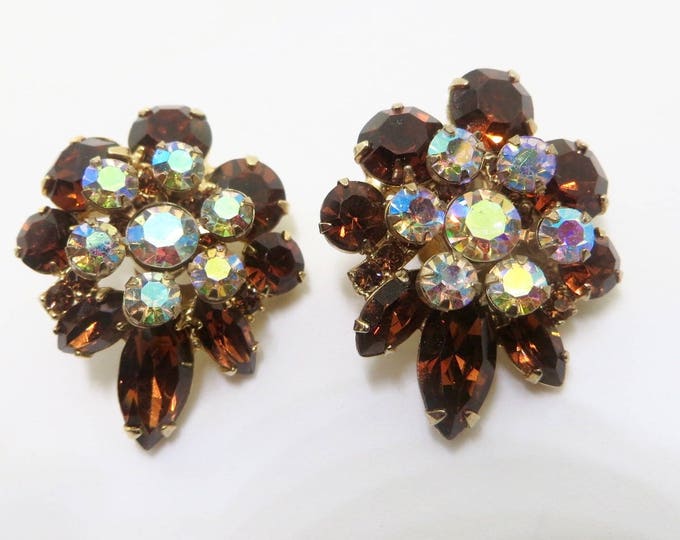 Vintage Rhinestone Earrings, Aurora Borealis and Navette Stones, Clip Earrings, 1960s Jewelry