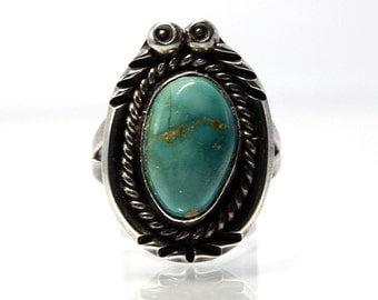 Vintage Turquoise Ring Size 7.5 With A Bezel Set Cabochon In Sterling Silver, Southwestern Native American Navajo Jewelry Style